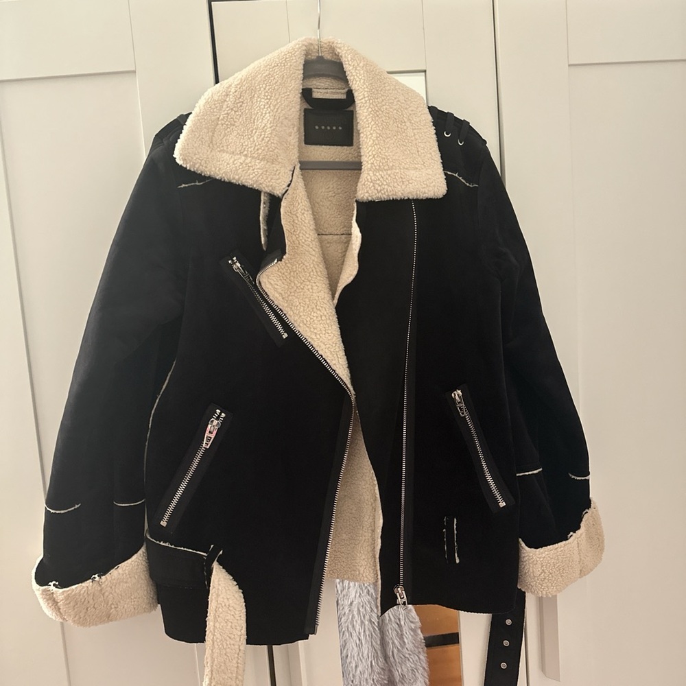 blank nyc black suede and shearling moto coat size small